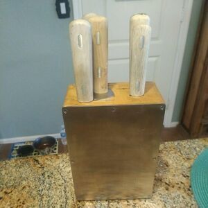 RARE IKEA 5 Wood Handle Knives 6 Piece Set Including Stainless Wood Block